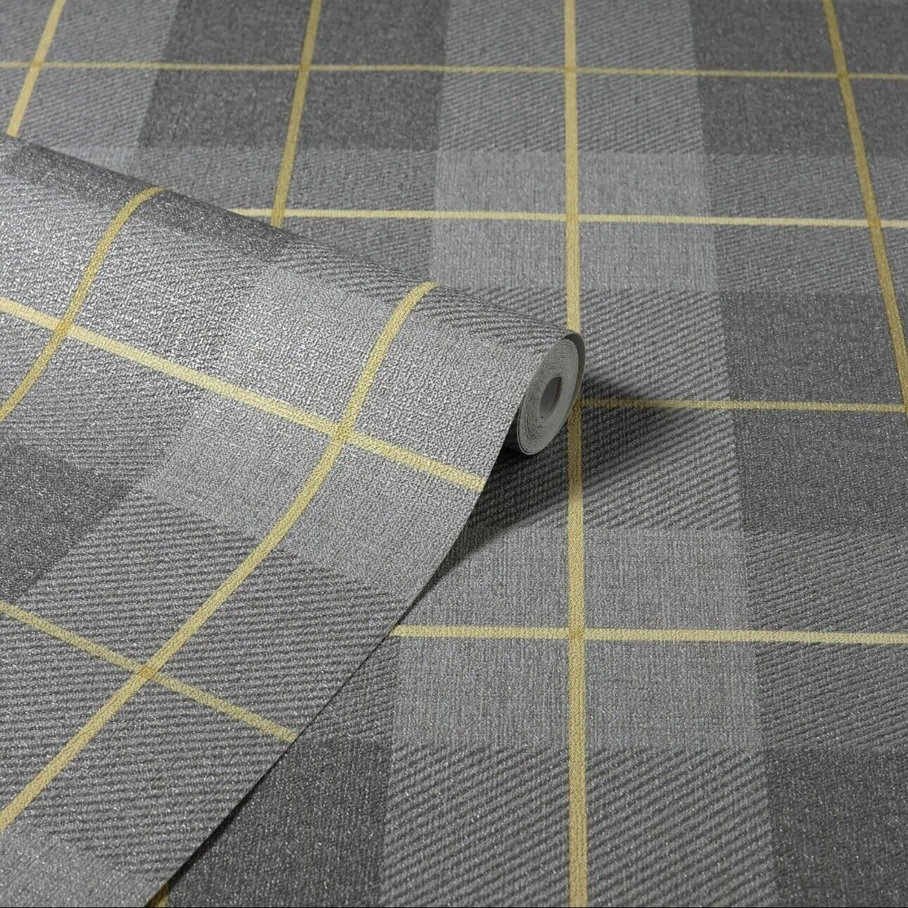 Arthouse Heritage Tartan Wallpaper 299000 – Ochre & Grey Check, Textured Vinyl, 10m Roll