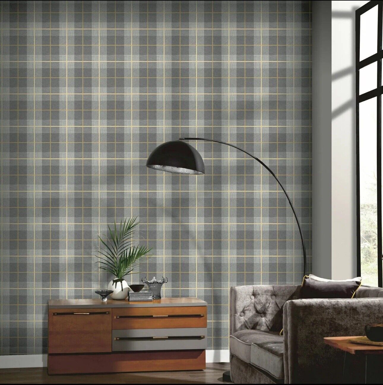 Arthouse Heritage Tartan Wallpaper 299000 – Ochre & Grey Check, Textured Vinyl, 10m Roll