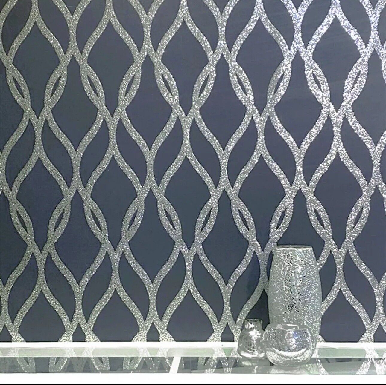 Arthouse Sequin Trellis Wallpaper 921804 – Navy & Silver Glitter Vinyl, Paste the Wall, 6m Roll