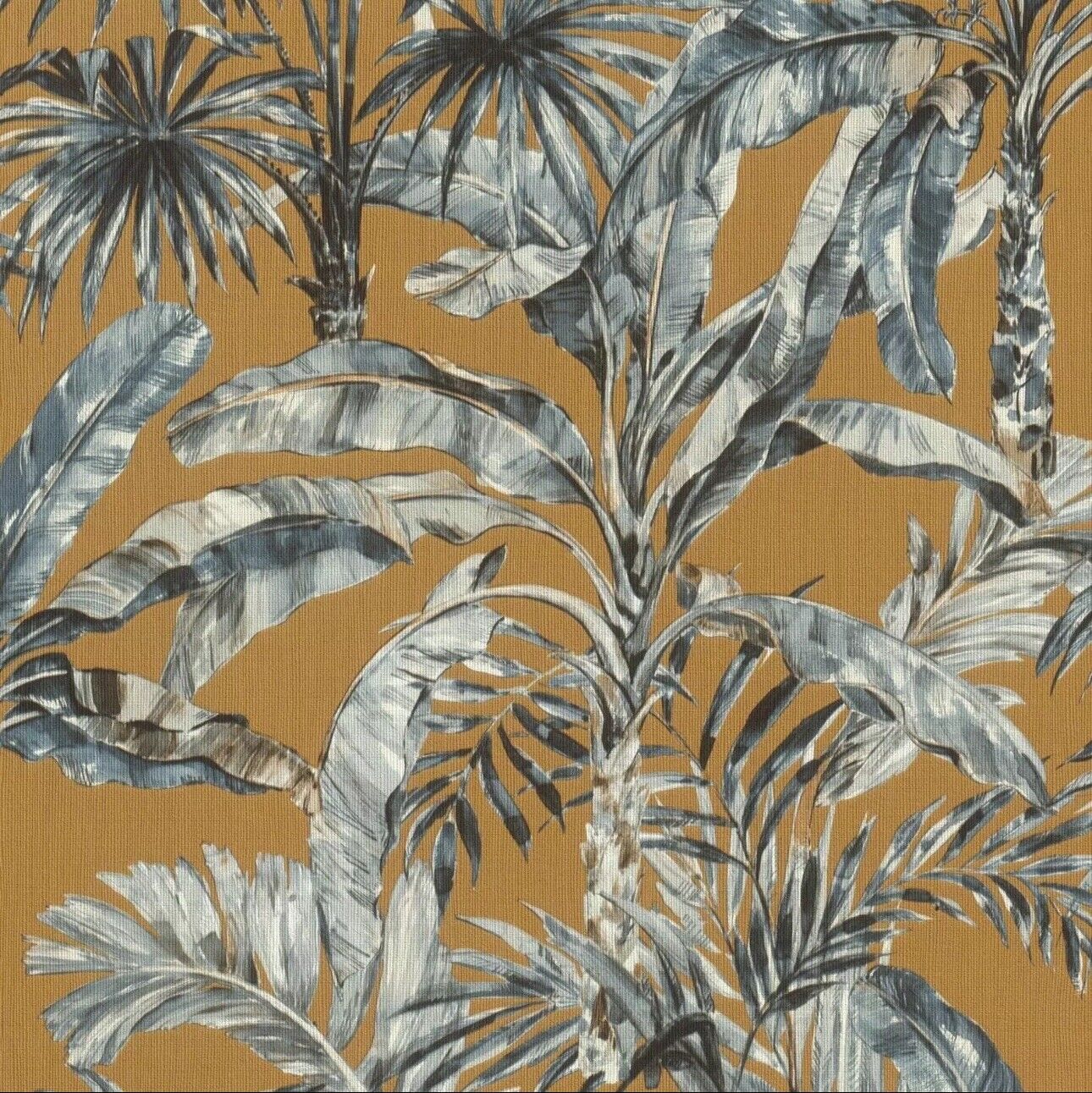 Rasch Tropical Banana Palm Leaves Wallpaper Jungle Leaf Vinyl Blue Brown 485264