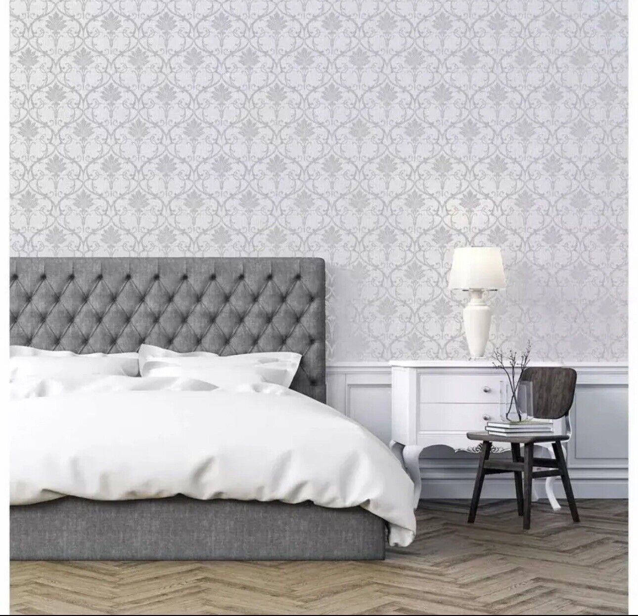 Artstick Metallic Grey Silver Damask Wallpaper – Peel & Stick Self-Adhesive Vinyl Wall Covering