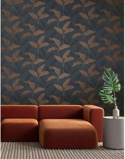 Amara Palm Leaf Navy/Copper wallpaper Rasch 283463 wallpaper