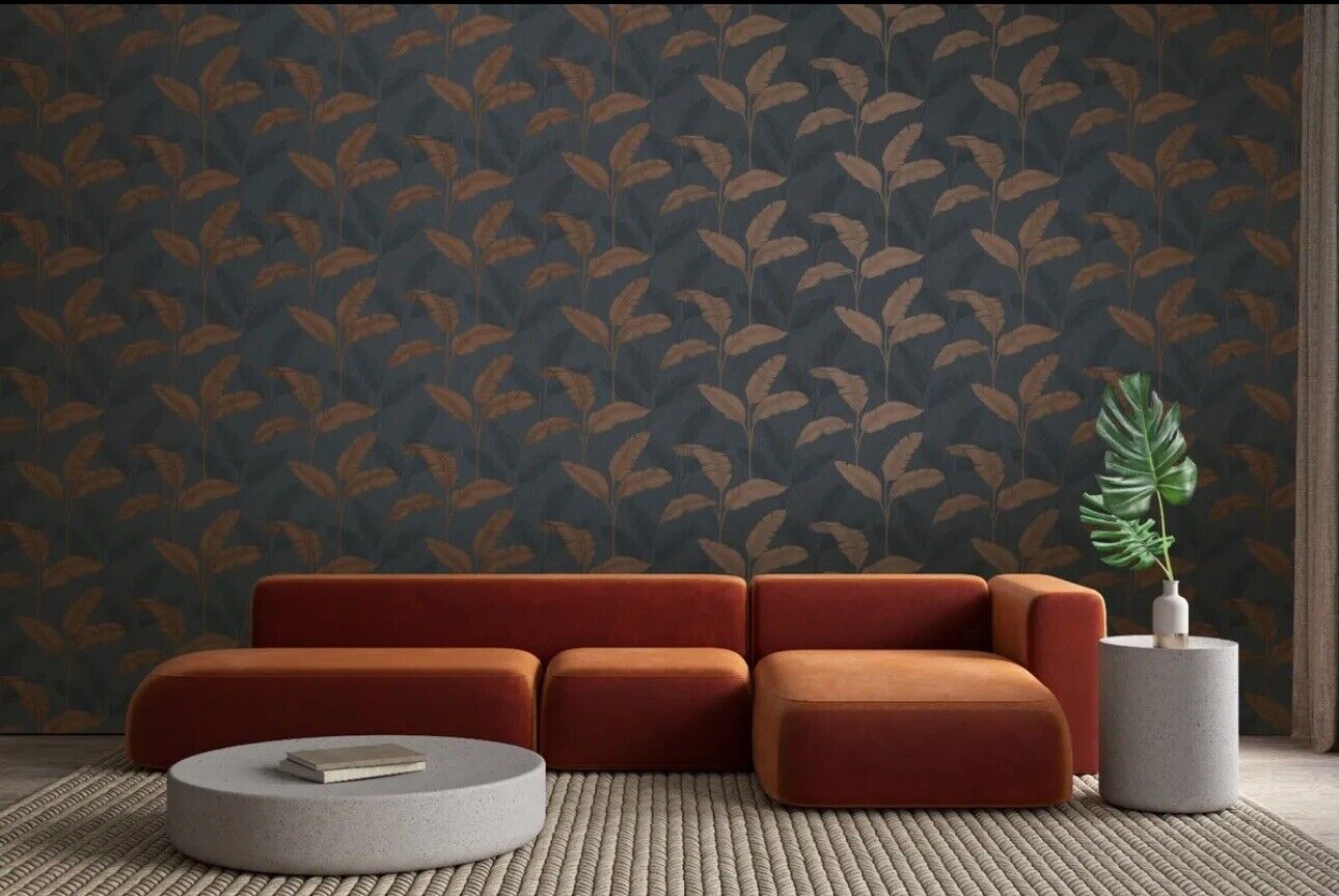 Amara Palm Leaf Navy/Copper wallpaper Rasch 283463 wallpaper