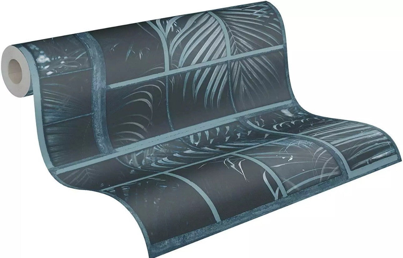 AS Creation Tropical Jungle Palm Leaf Leaves Tiles Wallpaper Blue Black 37740-4