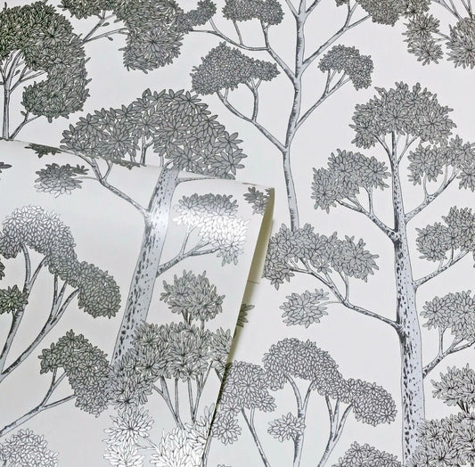Arthouse Delamere Wallpaper – White & Silver Metallic Tree Floral Design | 909505