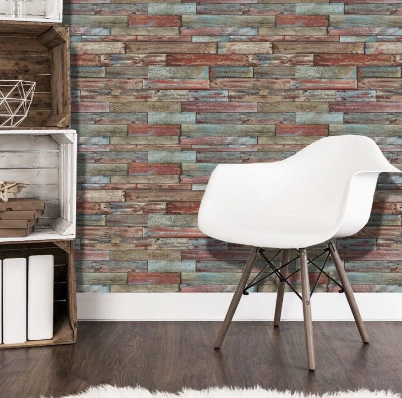 Wood Effect Wallpaper Red Blue Brown Wooden Weathered Planks Boards Panels 7319-06
