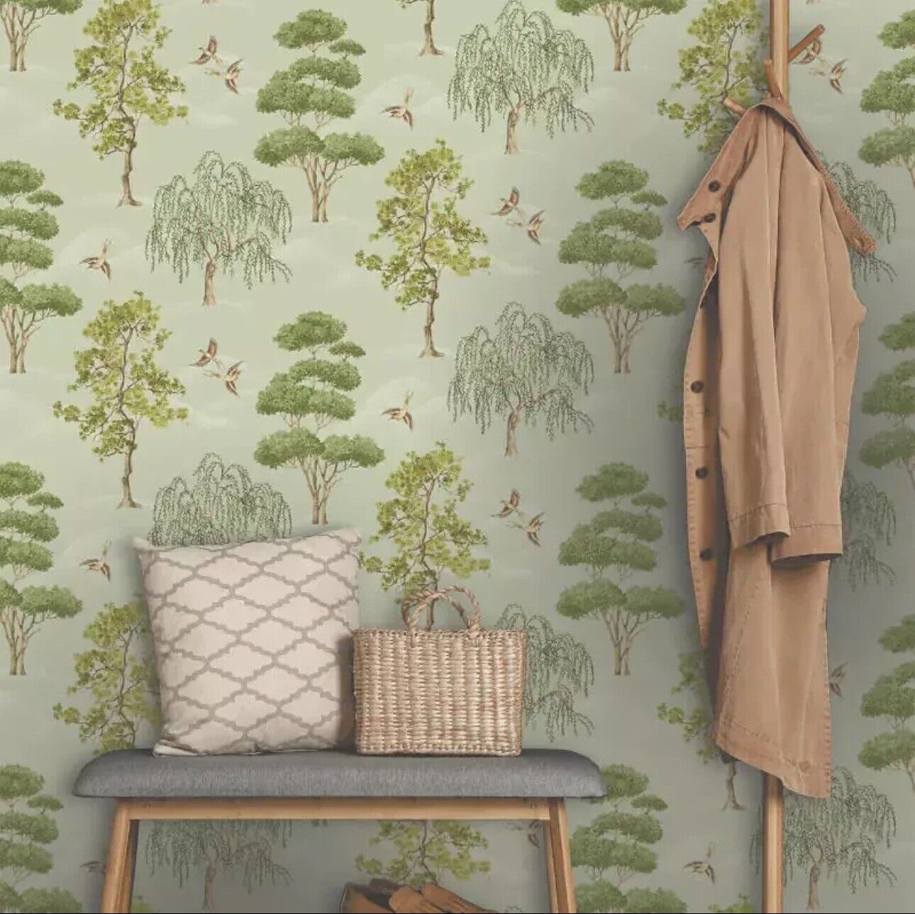 Rasch Maya Willow Woodland Wallpaper – Green Bird Print Luxury Decor | 283876