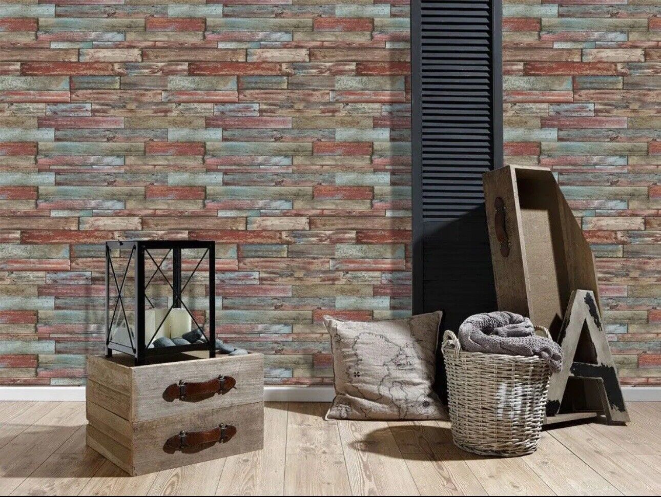 Wood Effect Wallpaper Red Blue Brown Wooden Weathered Planks Boards Panels 7319-06