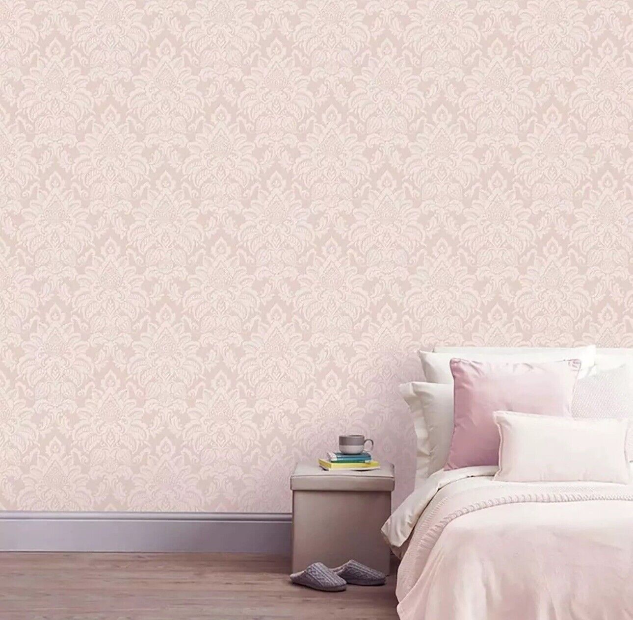 Arthouse Glistening Blush Wallpaper 903700 – Pink Damask Glitter Embossed Vinyl, 10m Roll