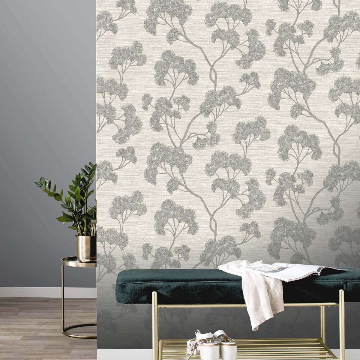 Rasch Elegant Homes Gingko Wallpaper – Textured Grey Botanical Leaf | 316025