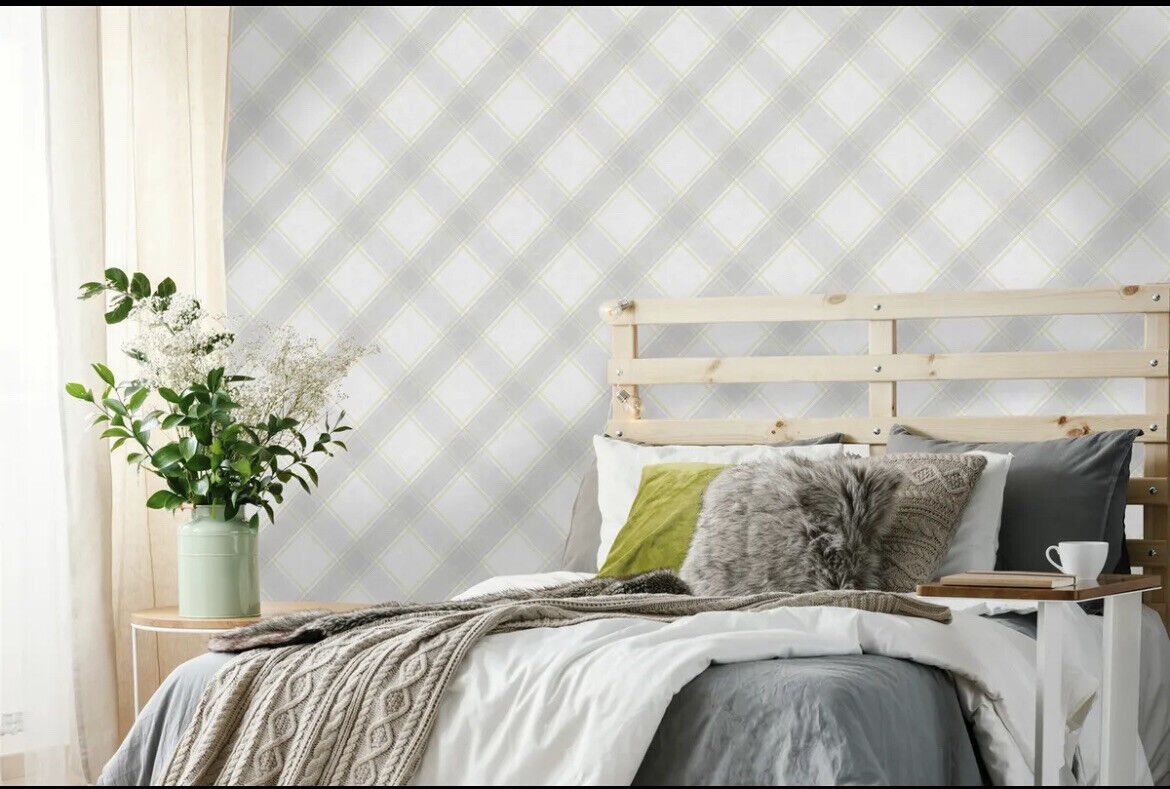 Check Tartan Wallpaper Checked Plaid Chequered Grey Yellow Holden Decor 90741..