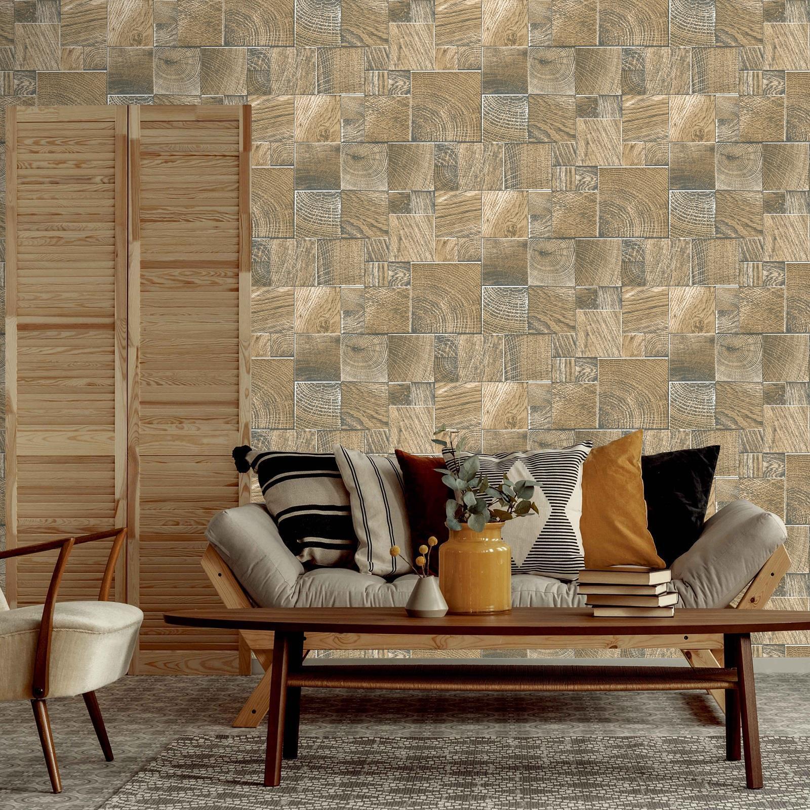 Rasch Wooden Block Wood Tiles Wallpaper Glitter Textured Vinyl Caramel 532630