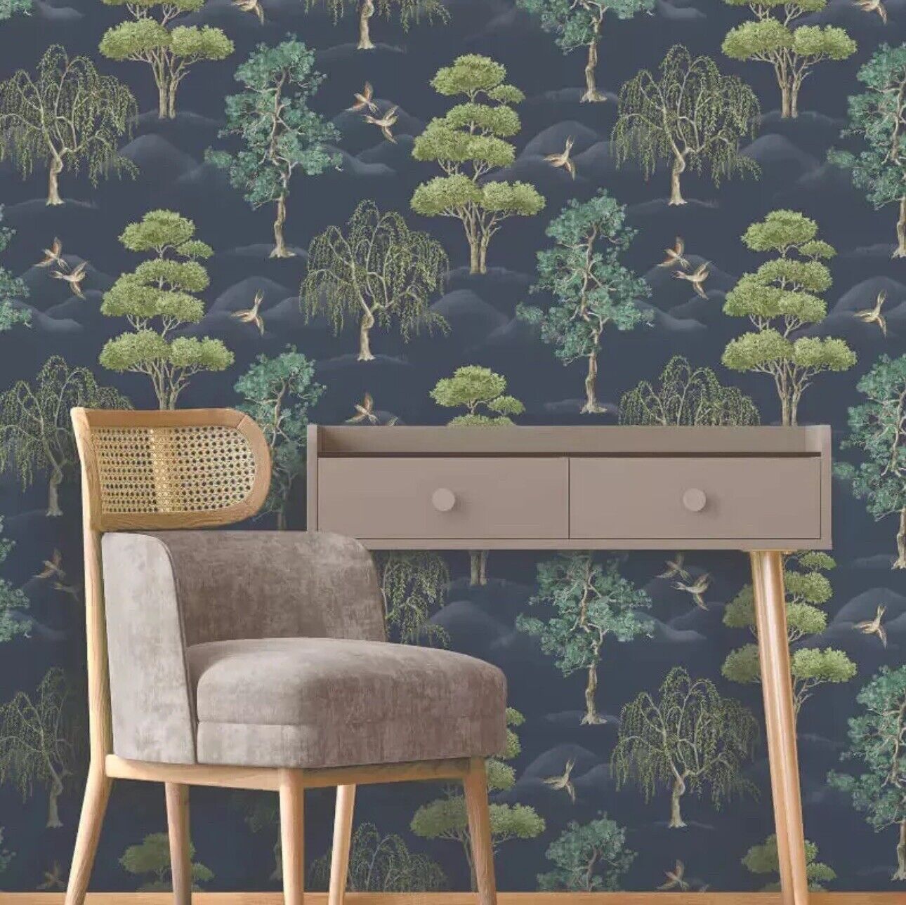 Rasch Maya Willow Woodland Navy Green Bird Print Wallpaper 283869