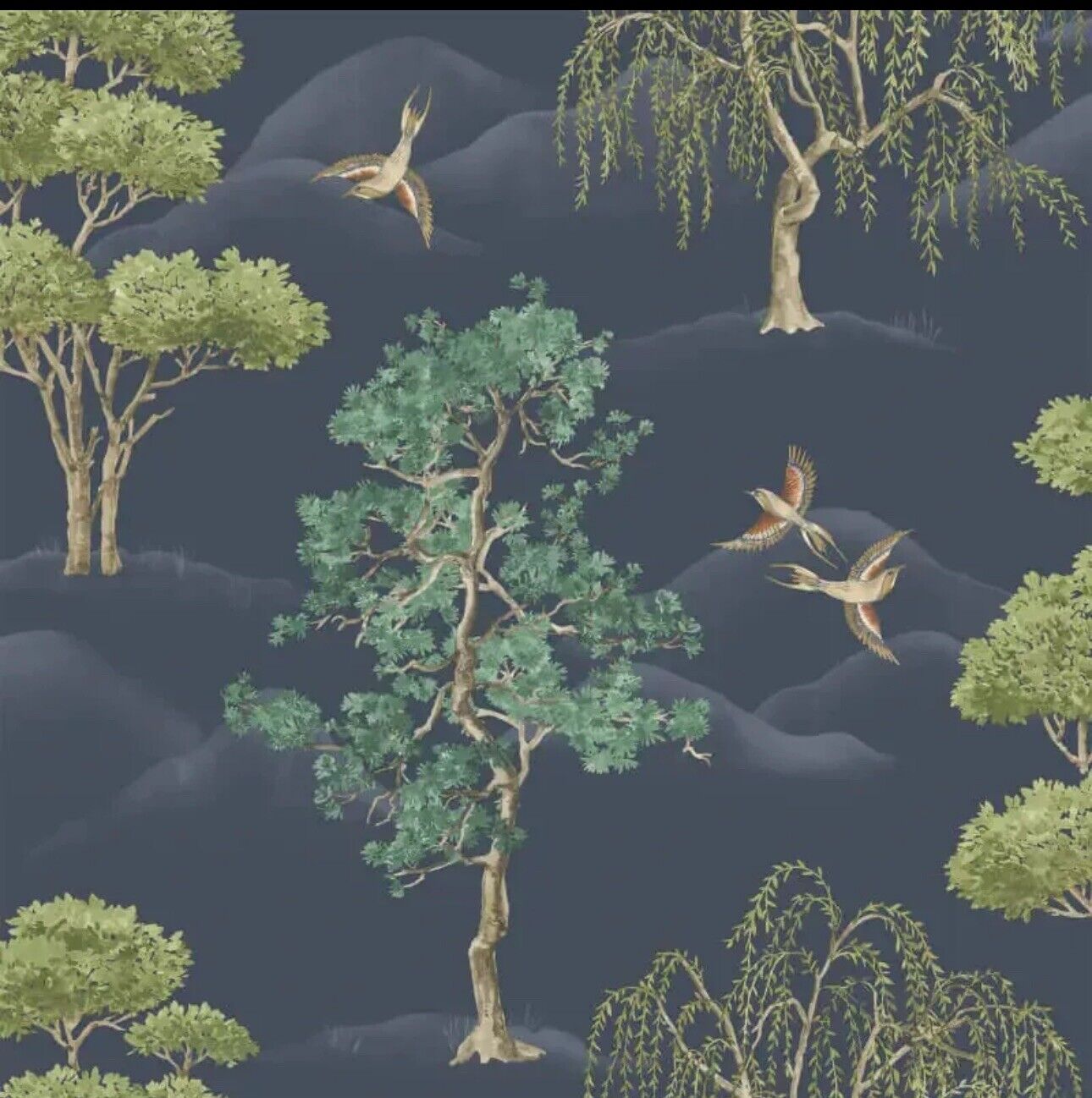 Rasch Maya Willow Woodland Navy Green Bird Print Wallpaper 283869