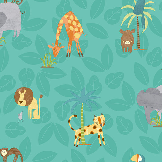 Holden Decor Make Believe Friends Animals Kids Wallpaper with playful animal designs on a teal background.