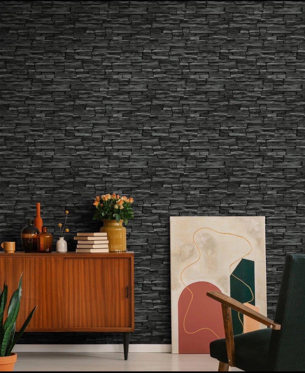 Holden Decor Thornton Charcoal 3D Slate Brick Effect Wallpaper 12865