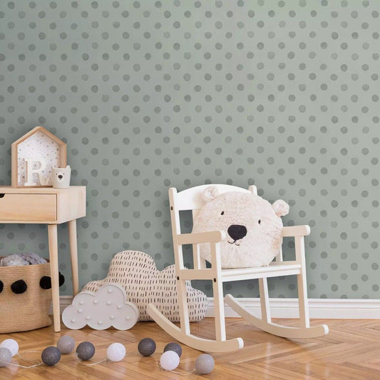 Rasch Bambino Soft Spot Wallpaper 252057 – Khaki & Grey Polka Dot Non-Woven Kids Nursery Decor, 10m Roll
