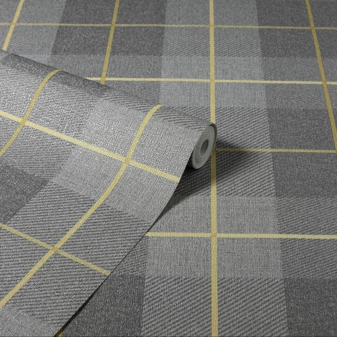 Arthouse Heritage Tartan Wallpaper 299000 – Ochre & Grey Check, Textured Vinyl, 10m Roll
