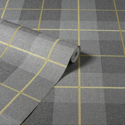 Arthouse Heritage Tartan Wallpaper 299000 – Ochre &amp; Grey Check, Textured Vinyl, 10m Roll