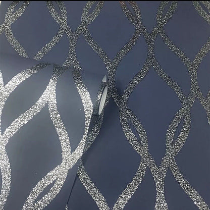 Arthouse Sequin Trellis Wallpaper 921804 – Navy &amp; Silver Glitter Vinyl, Paste the Wall, 6m Roll