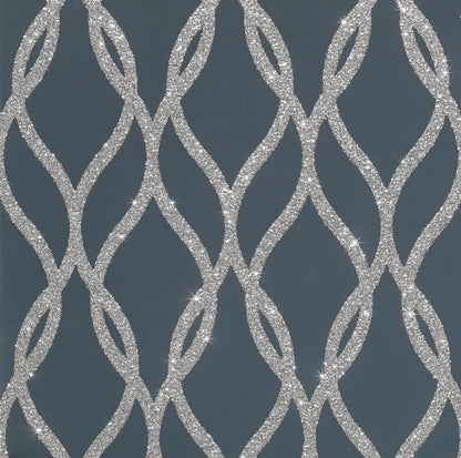 Arthouse Sequin Trellis Wallpaper 921804 – Navy &amp; Silver Glitter Vinyl, Paste the Wall, 6m Roll