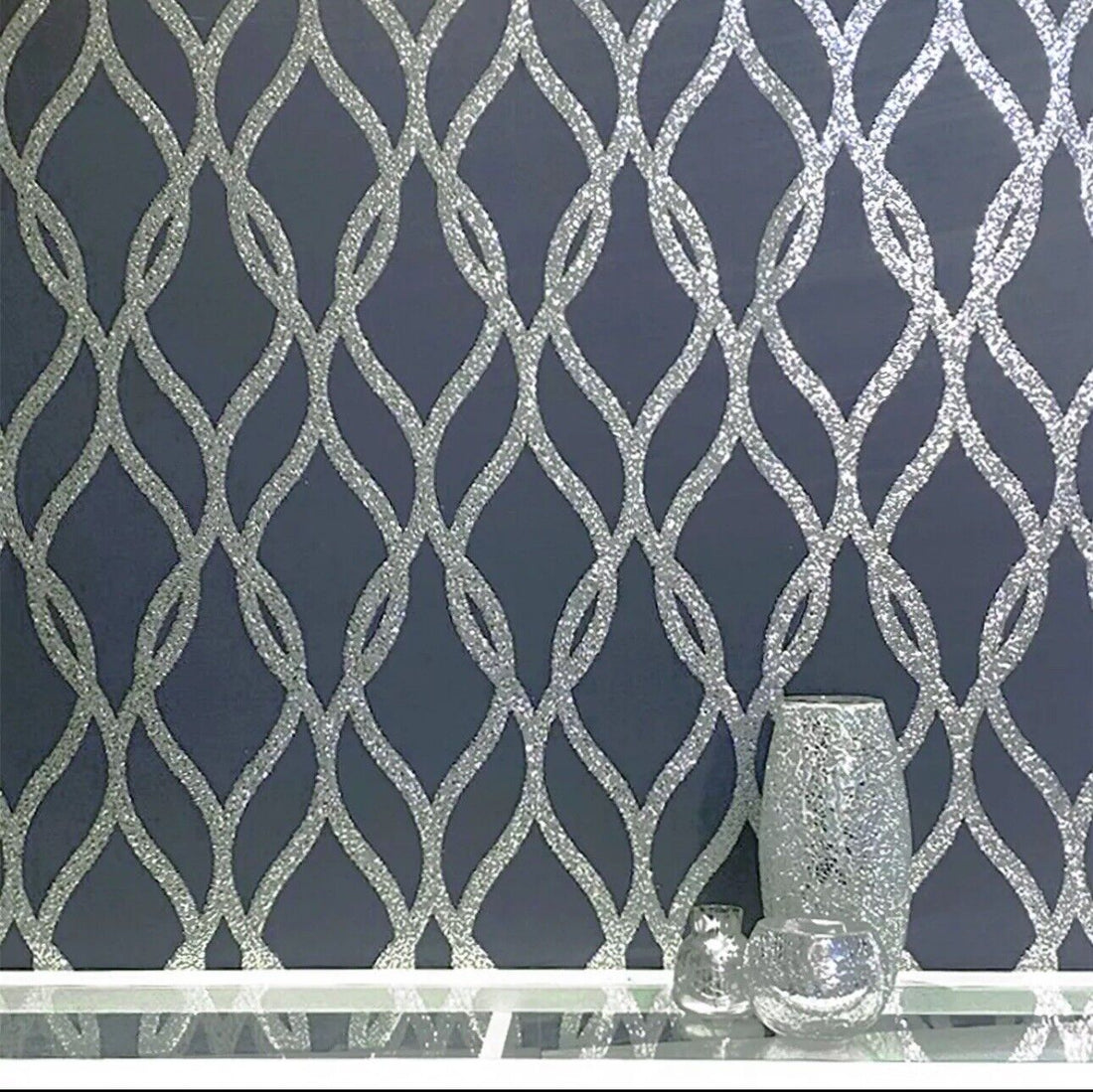 Arthouse Sequin Trellis Navy &amp; Silver Glitter Wallpaper – 921804