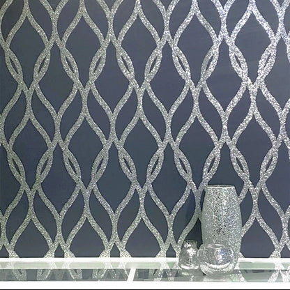 Arthouse Sequin Trellis Wallpaper 921804 – Navy &amp; Silver Glitter Vinyl, Paste the Wall, 6m Roll