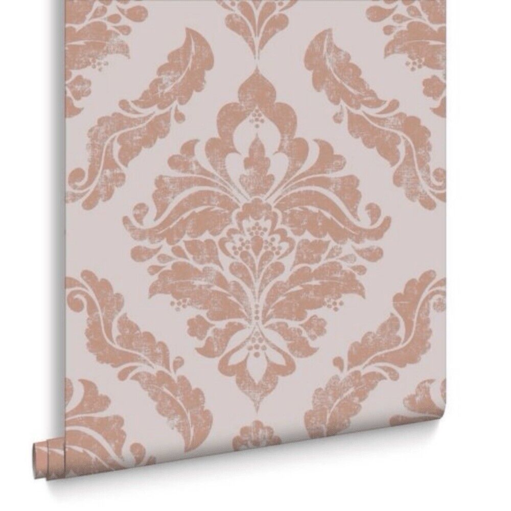 Graham & Brown Super Fresco Damask Wallpaper 104260 – Rose Gold Metallic Textured Vinyl, 10m Roll