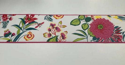 K2 Floral Flowers Wallpaper Border – Bright Modern White Pink Green Yellow 22070 – 5m x 13.3cm