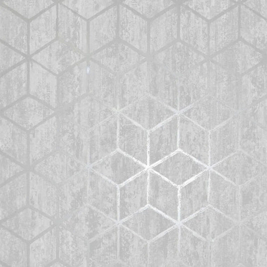 Holden Decor Rochester Stone Cube Geo Effect Metallic Silver Wallpaper 65200