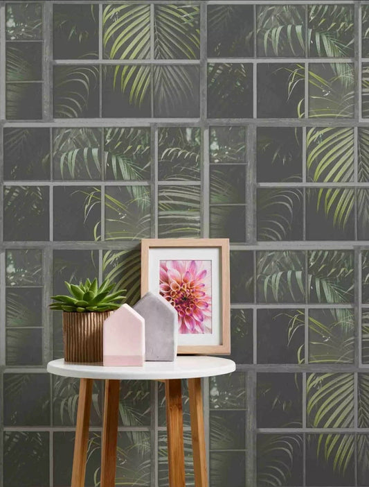 AS Creation Tropical Jungle Palm Leaf Leaves Wallpaper Black Grey Green  37740-2