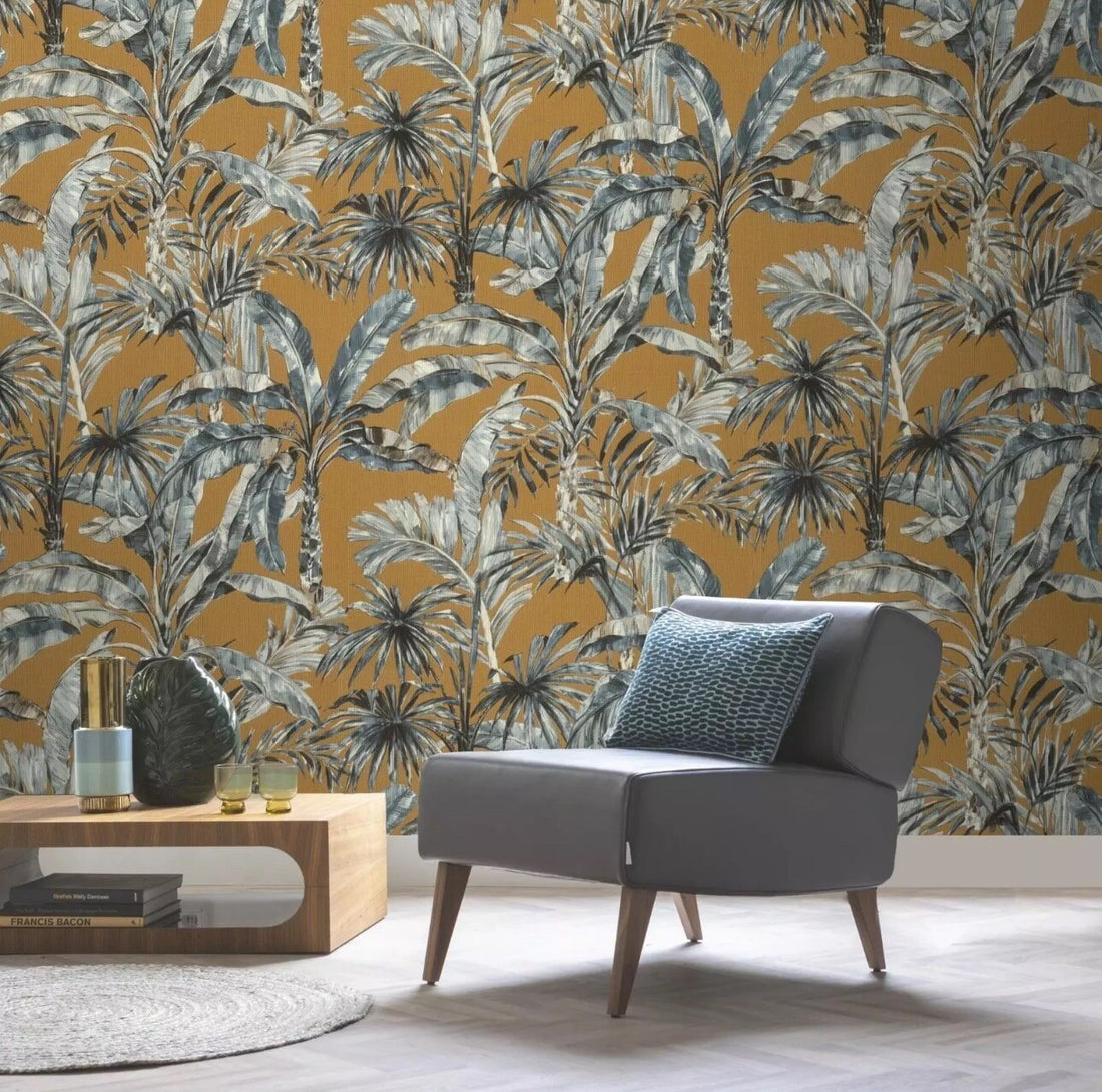 Rasch Tropical Banana Palm Leaves Wallpaper Jungle Leaf Vinyl Blue Brown 485264