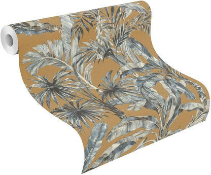 Rasch Tropical Banana Palm Leaves Wallpaper Jungle Leaf Vinyl Blue Brown 485264