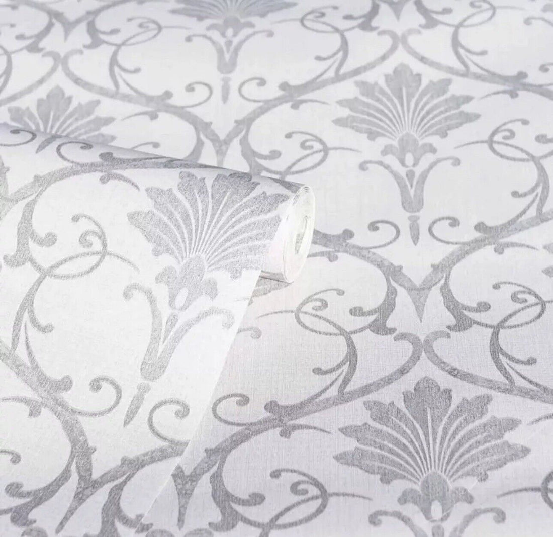 Artstick Metallic Grey Silver Damask Wallpaper – Peel &amp; Stick Self-Adhesive Vinyl Wall Covering