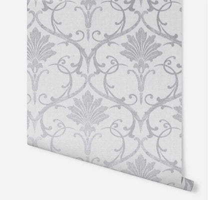 Artstick Metallic Grey Silver Damask Wallpaper – Peel &amp; Stick Self-Adhesive Vinyl Wall Covering