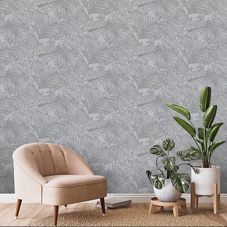 Rasch Canopy Leaves Wallpaper 283173 – Grey & Black Tropical Jungle Floral Design, 10m Roll