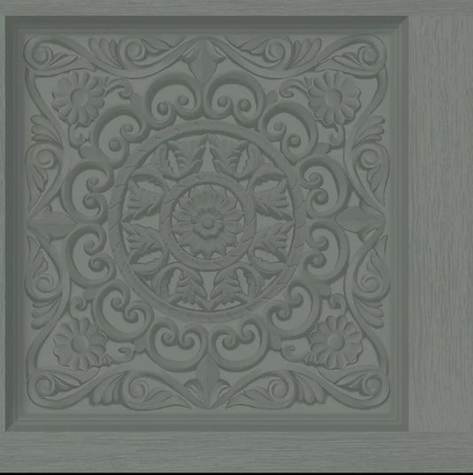 Holden Decor Ornate Panel Teal Wallpaper 13381 - 3D Effect Floral Wood Panelling