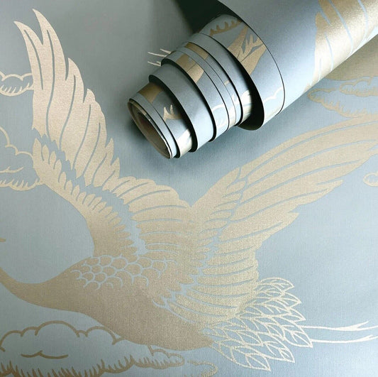 Holden Glistening Cranes Wallpaper Metallic Sky Clouds Gold & Blue 13432
