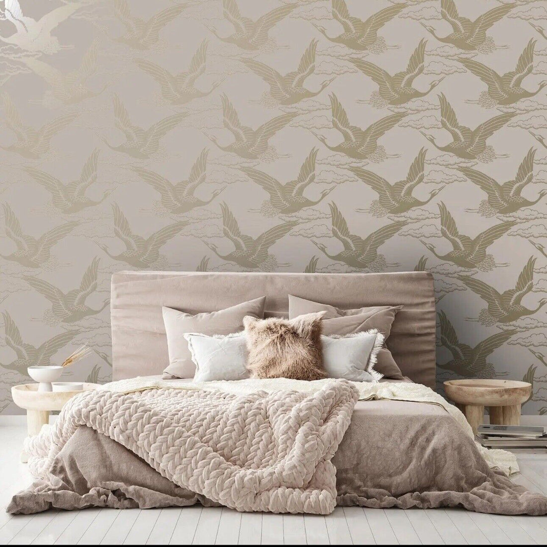Flying Cranes Holden Wallpaper Metallic Gold / Pink 13430 Elegant Glistening Sky