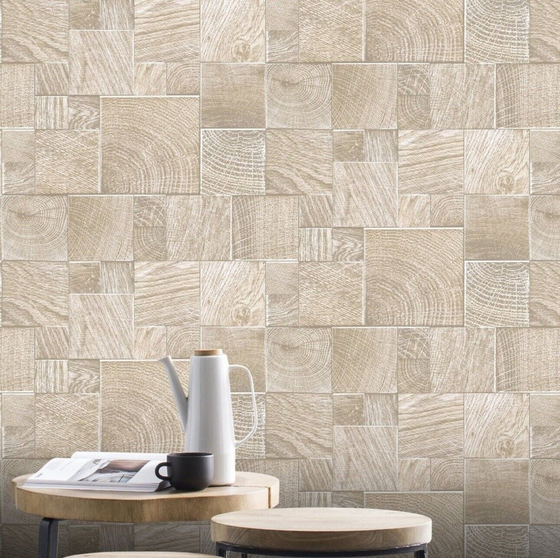 Half Price Rasch Wooden Block Wood Tiles Textured Vinyl Natural Wallpaper 532616