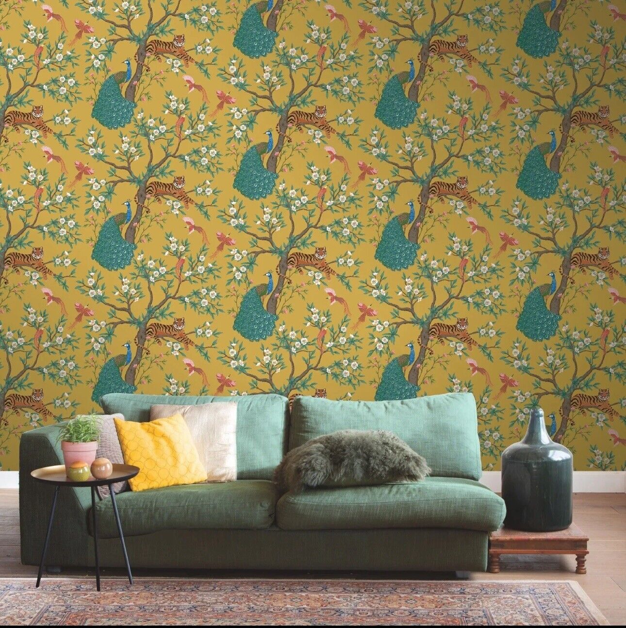 Mustard Tropical Wallpaper Tiger Birds Peacock Trees Floral Exotic Jungle 285658