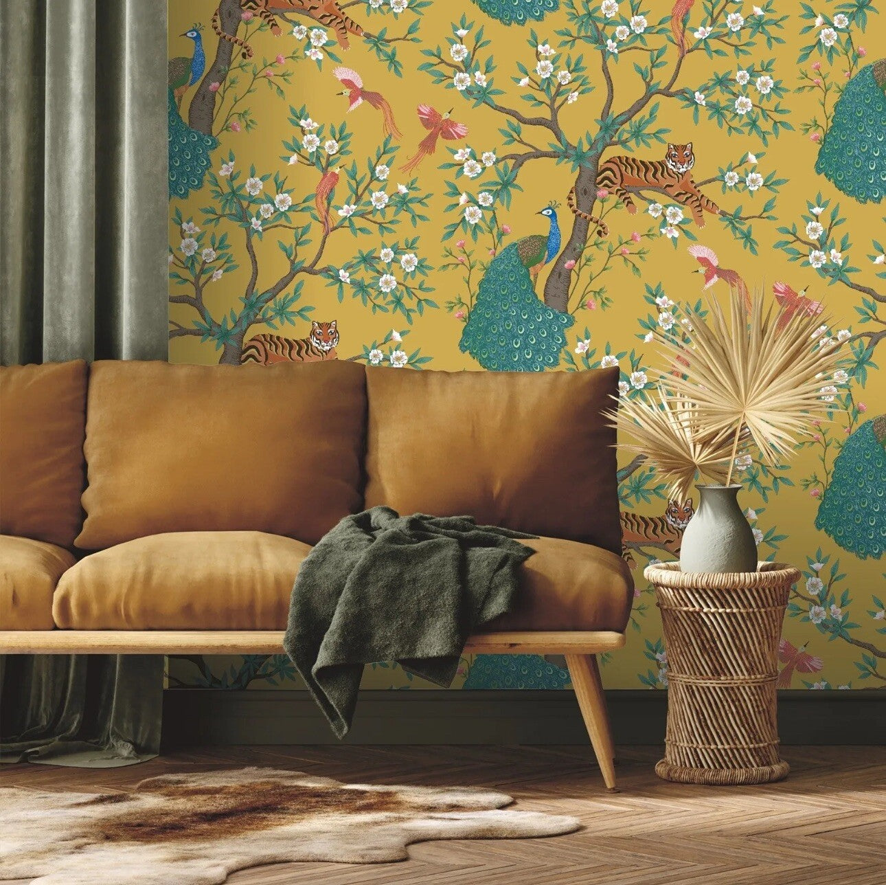 Mustard Tropical Wallpaper Tiger Birds Peacock Trees Floral Exotic Jungle 285658