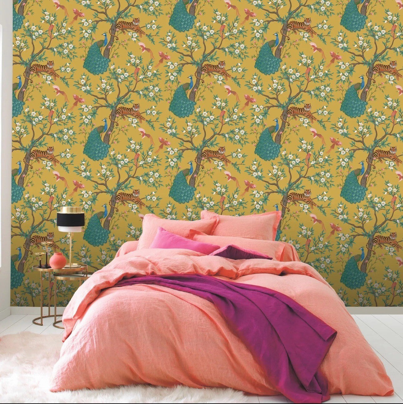 Mustard Tropical Wallpaper Tiger Birds Peacock Trees Floral Exotic Jungle 285658