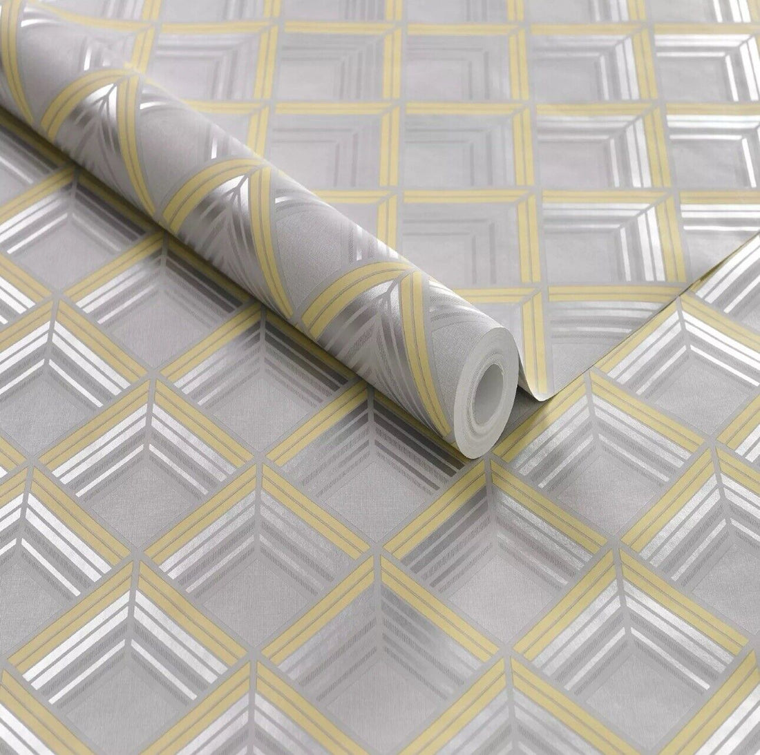 Graham & Brown Trifina Wallpaper 104138 – Yellow & Grey Geometric 3D Design, Super Fresco Vinyl Roll
