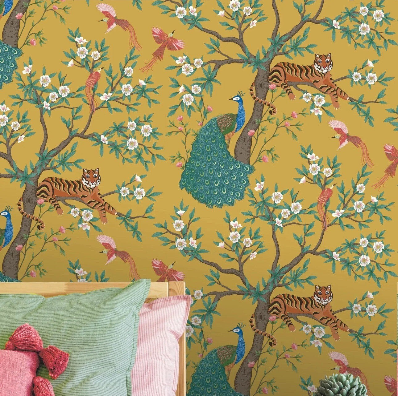 Mustard Tropical Wallpaper Tiger Birds Peacock Trees Floral Exotic Jungle 285658