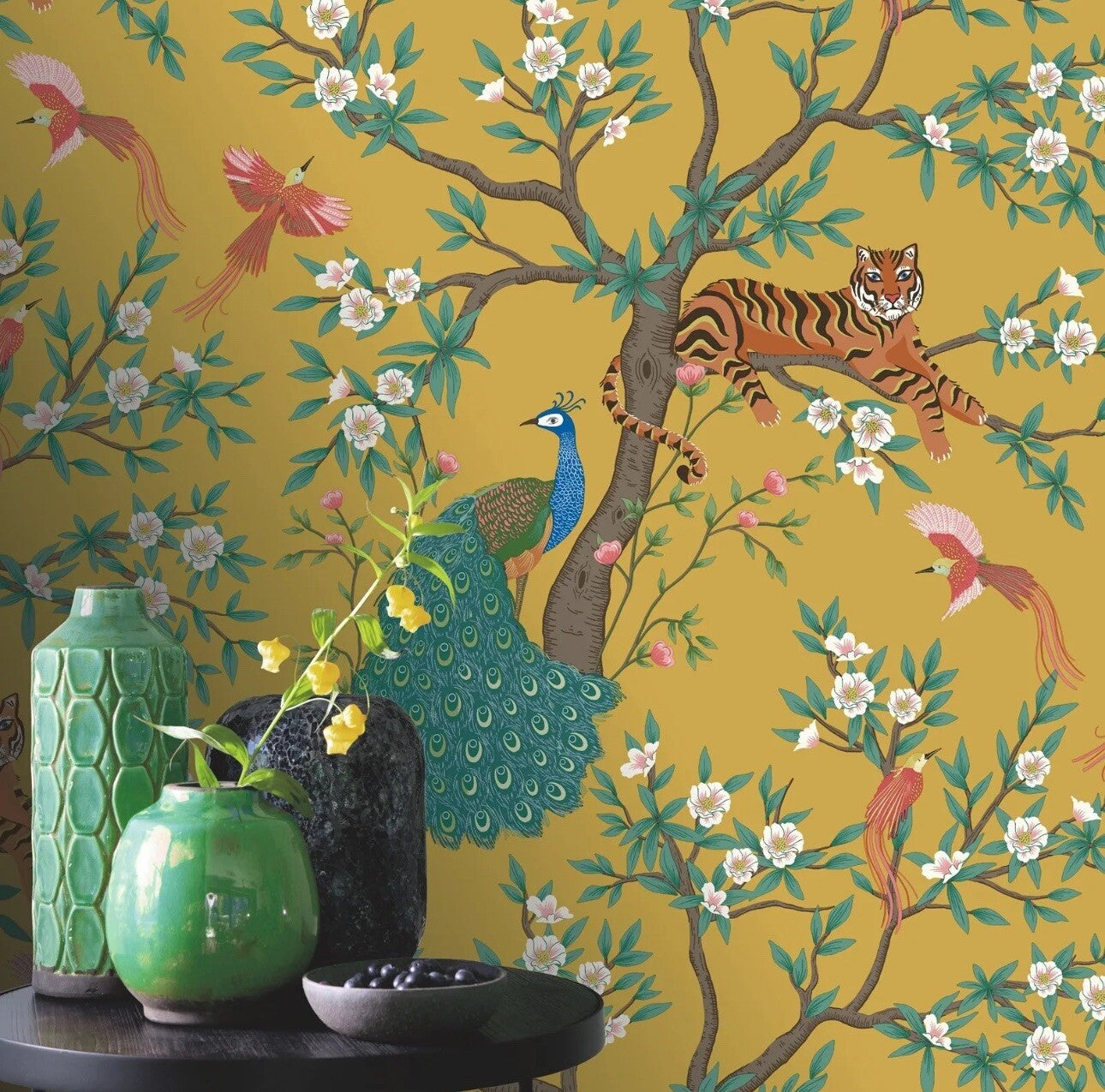 Mustard Tropical Wallpaper Tiger Birds Peacock Trees Floral Exotic Jungle 285658
