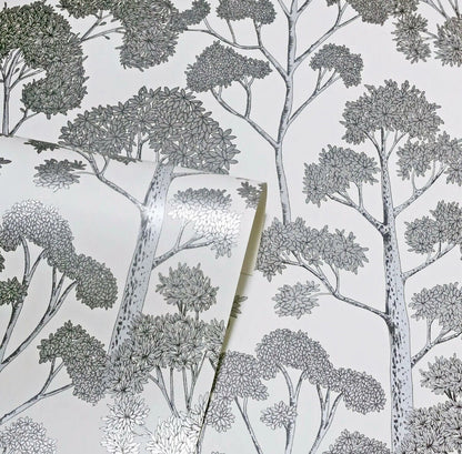 Arthouse Delamere Wallpaper – White &amp; Silver Metallic Tree Floral Design | 909505