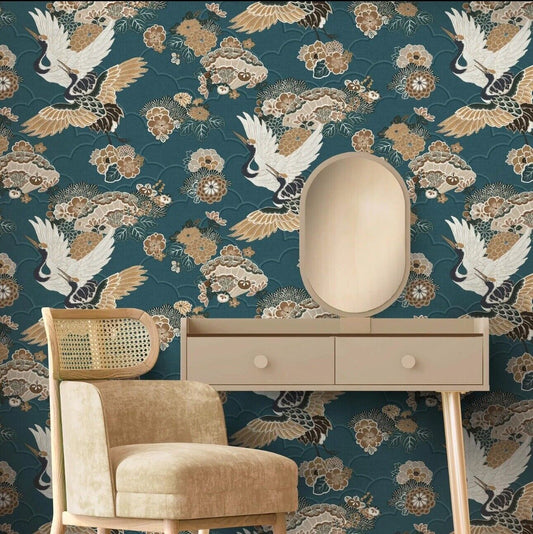 Rasch Akari Kyoto Cranes Oriental Floral Birds Teal Textured Wallpaper 282770..