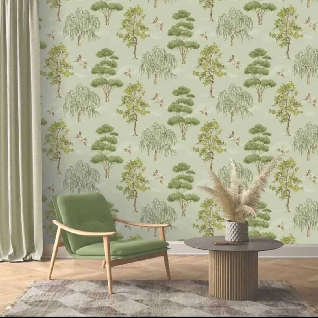 Rasch Maya Willow Woodland Wallpaper – Green Bird Print Luxury Decor | 283876