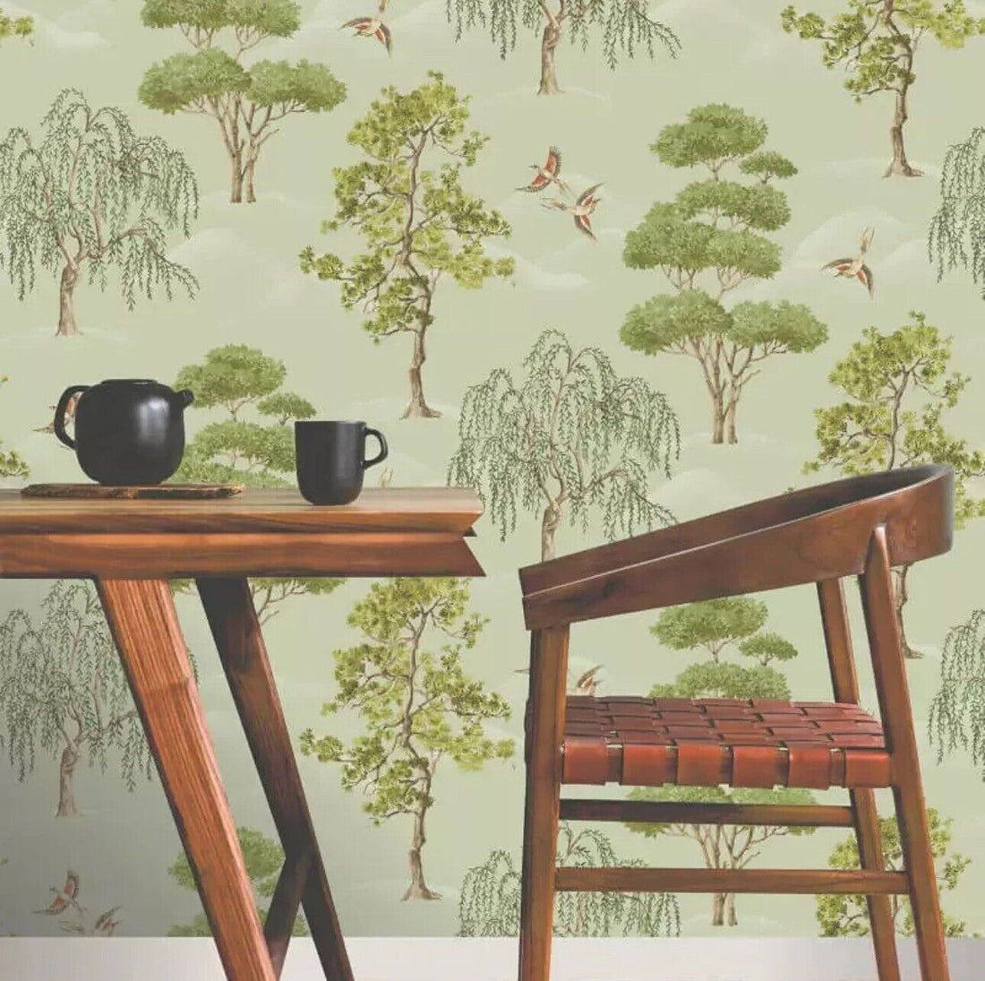 Rasch Maya Willow Woodland Wallpaper – Green Bird Print Luxury Decor | 283876
